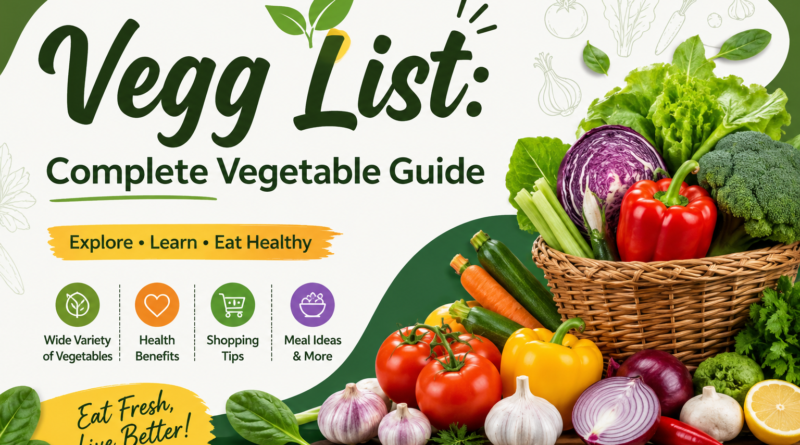 "Vegg List feature image with fresh colorful vegetables for a complete healthy vegetable guide."