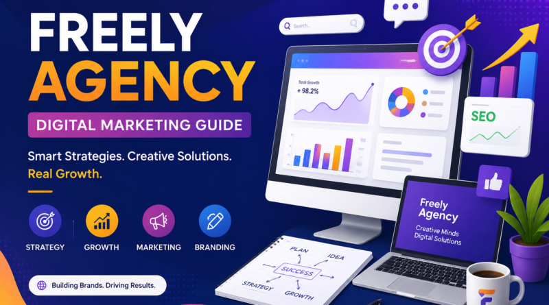 "Freely Agency digital marketing guide feature image with SEO, branding, business growth analytics, and creative marketing strategy illustration