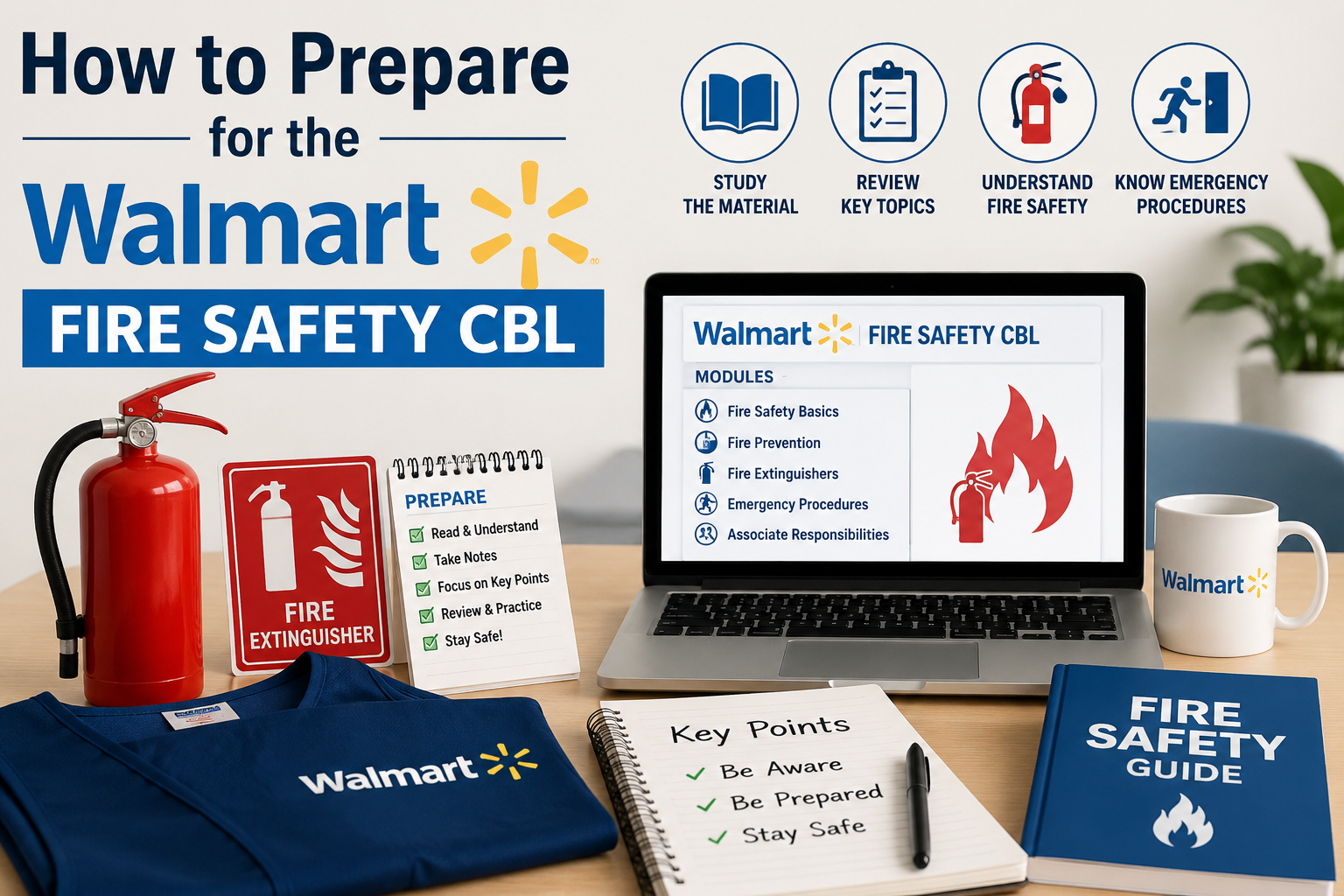 Preparing for Walmart Fire Safety CBL training with fire extinguisher, safety checklist, and emergency preparedness illustration