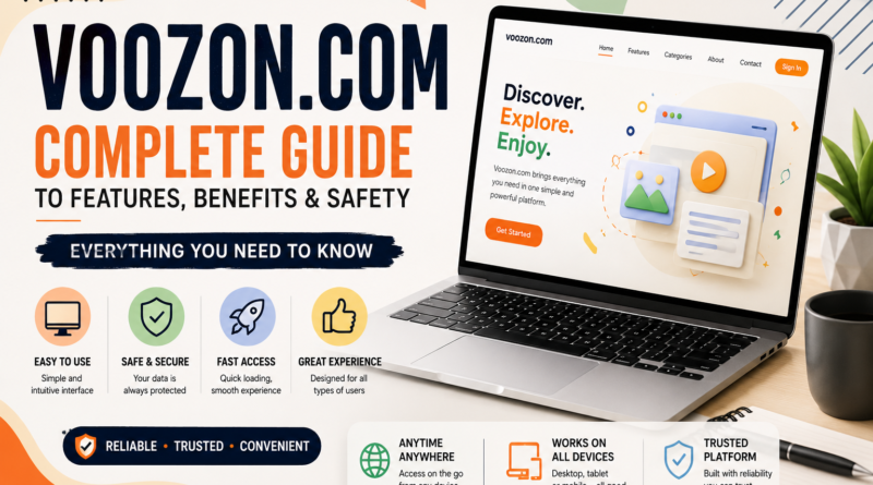 "Modern feature image for Voozon.com complete guide showing a laptop with a website interface, digital icons, and online platform features in a clean orange and white design."