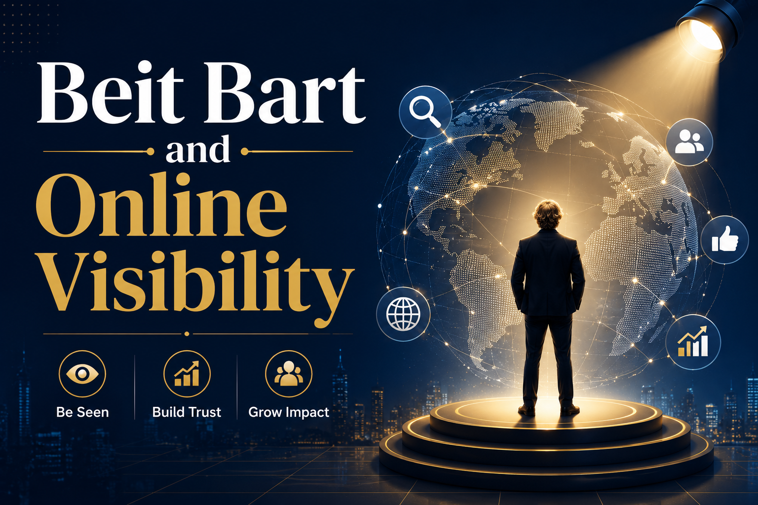 Illustration representing Beit Bart and online visibility with a global digital network, search icons, and worldwide online presence.