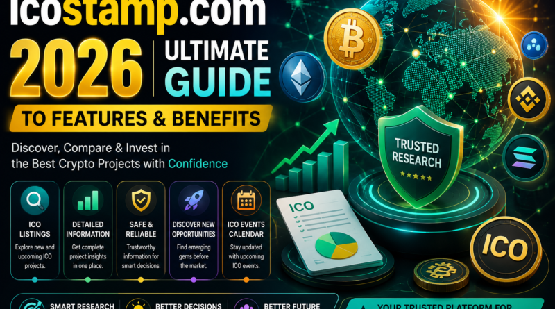 "Premium blockchain and cryptocurrency illustration featuring a digital globe, secure blockchain network, crypto coins, analytics, and ICO research concept for icostamp.com."
