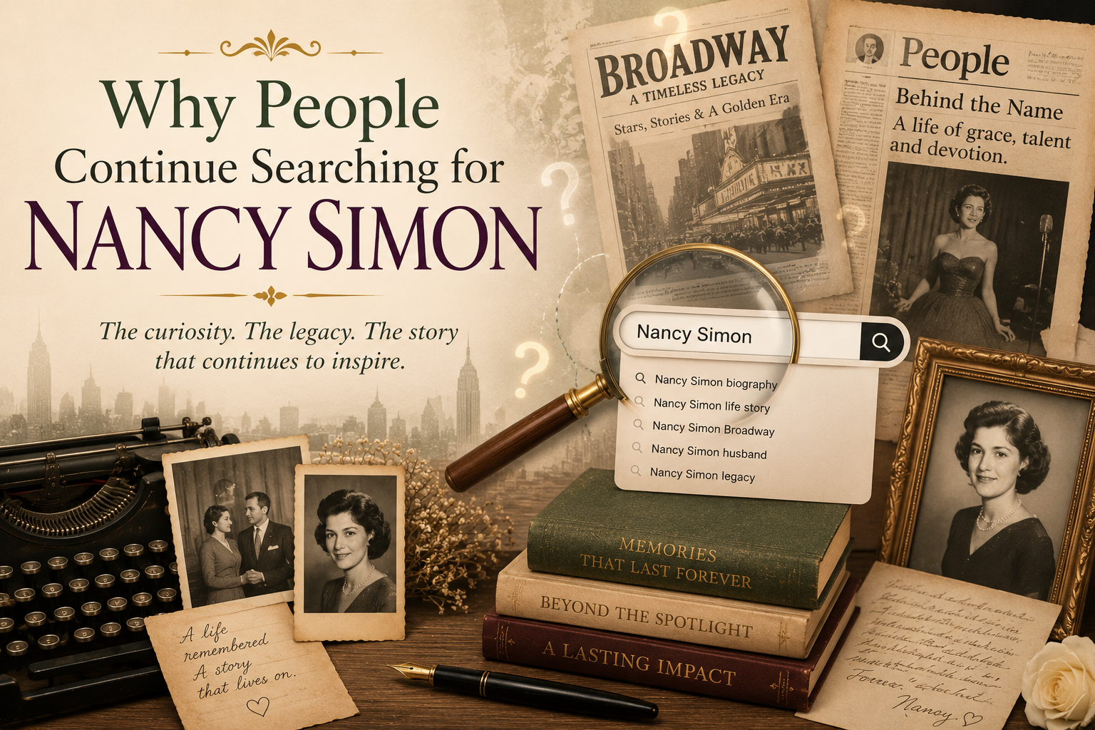 Why People Continue Searching for Nancy Simon illustration featuring vintage search elements, biography documents, magnifying glass, and an elegant editorial design.
