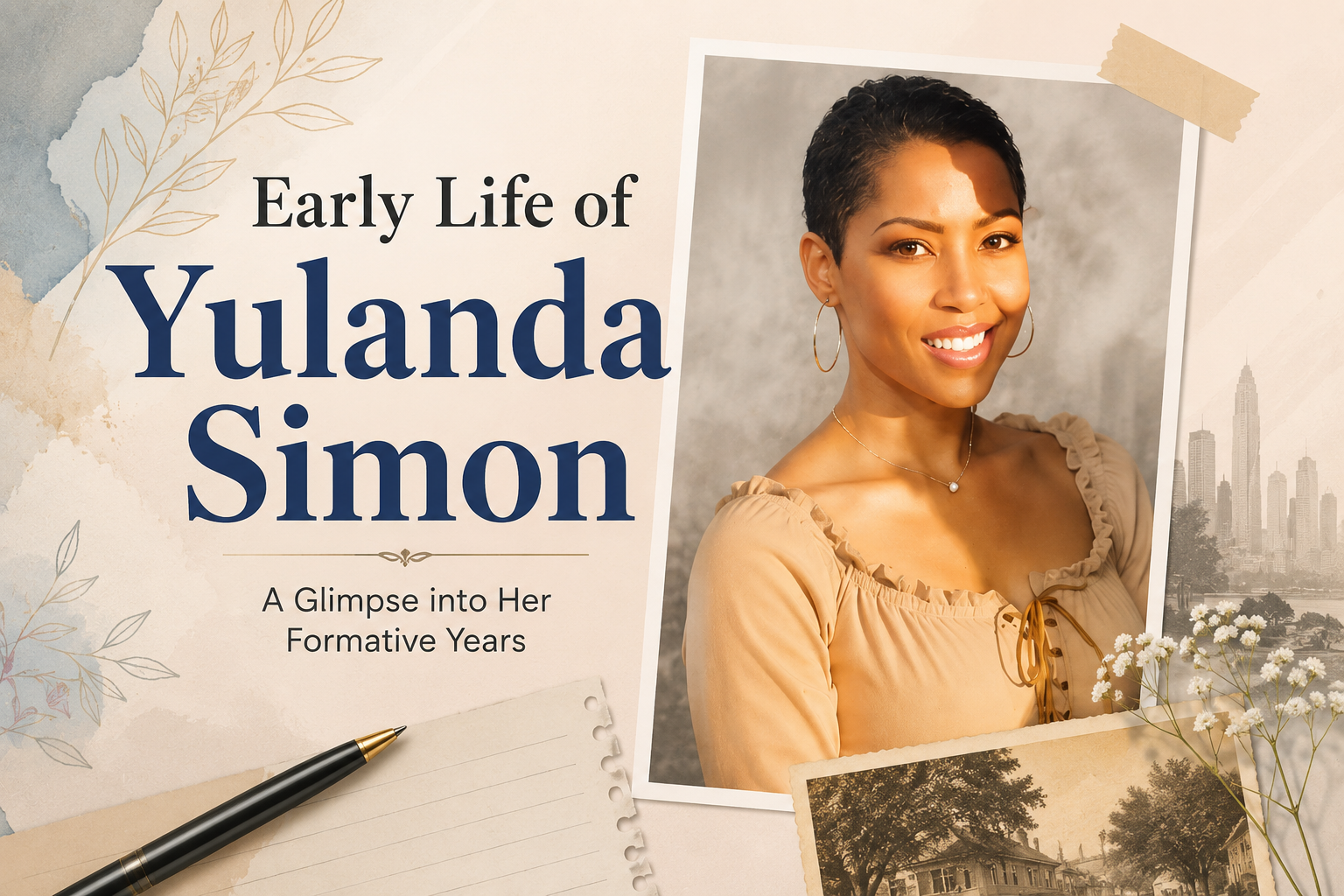 Illustration representing the early life of Yulanda Simon with a biography-themed background and elegant portrait design.