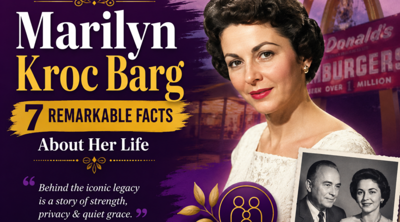 Marilyn Kroc Barg feature image showing a vintage-style portrait with a retro McDonald's background, highlighting 7 remarkable facts about her life and family legacy.