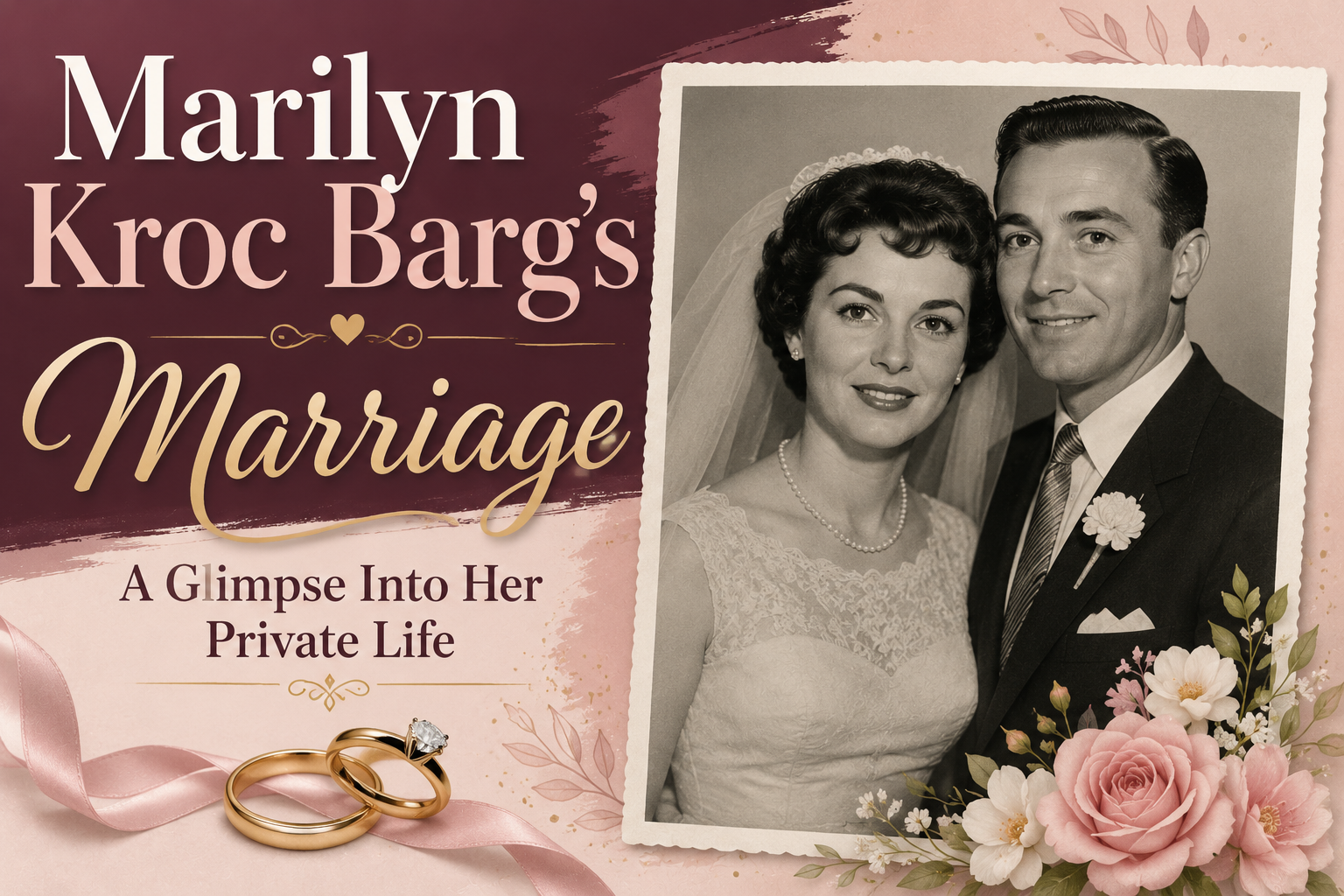 Vintage-style wedding illustration representing Marilyn Kroc Barg's marriage, featuring elegant wedding rings, floral accents, and a timeless portrait symbolizing her private family life.