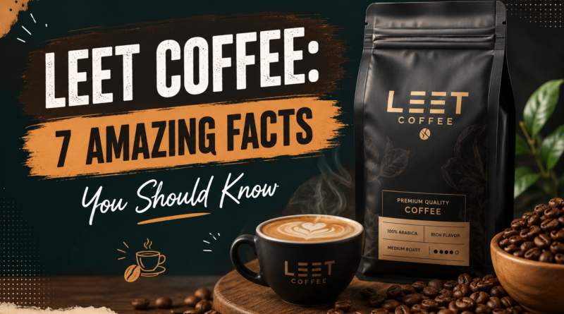 Leet Coffee feature image with premium coffee bag, hot latte, roasted coffee beans, and bold modern typography highlighting 7 amazing facts about Leet Coffee.