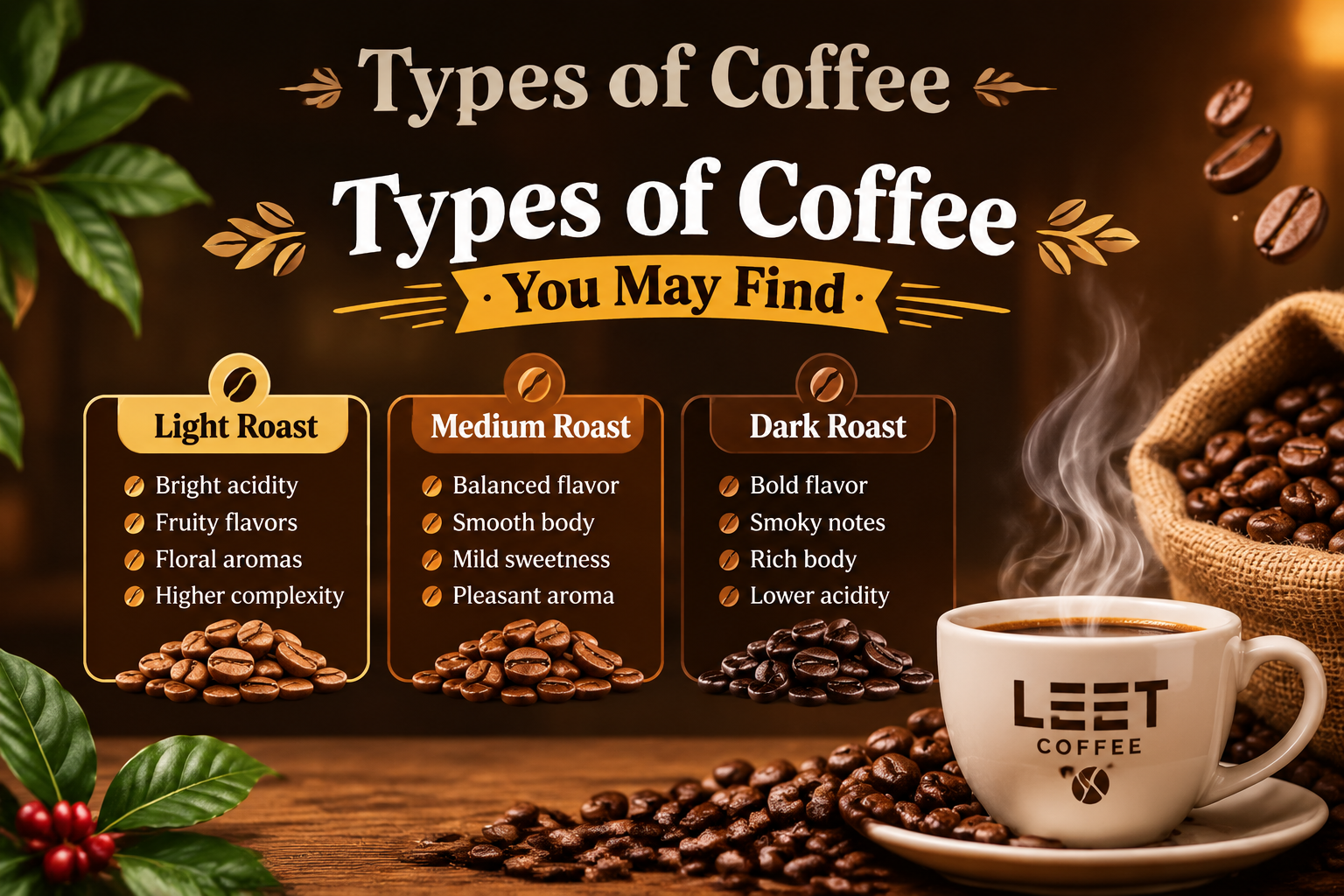 Illustration showing different types of coffee, including light, medium, and dark roast, with coffee beans and a freshly brewed cup of Leet Coffee.