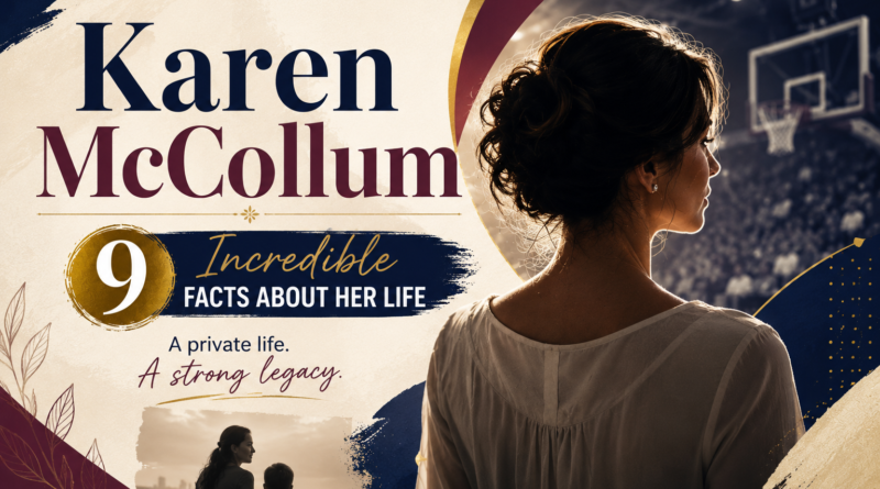 Karen McCollum feature image with a stylish female silhouette, basketball arena background, and biography title highlighting her life and legacy.