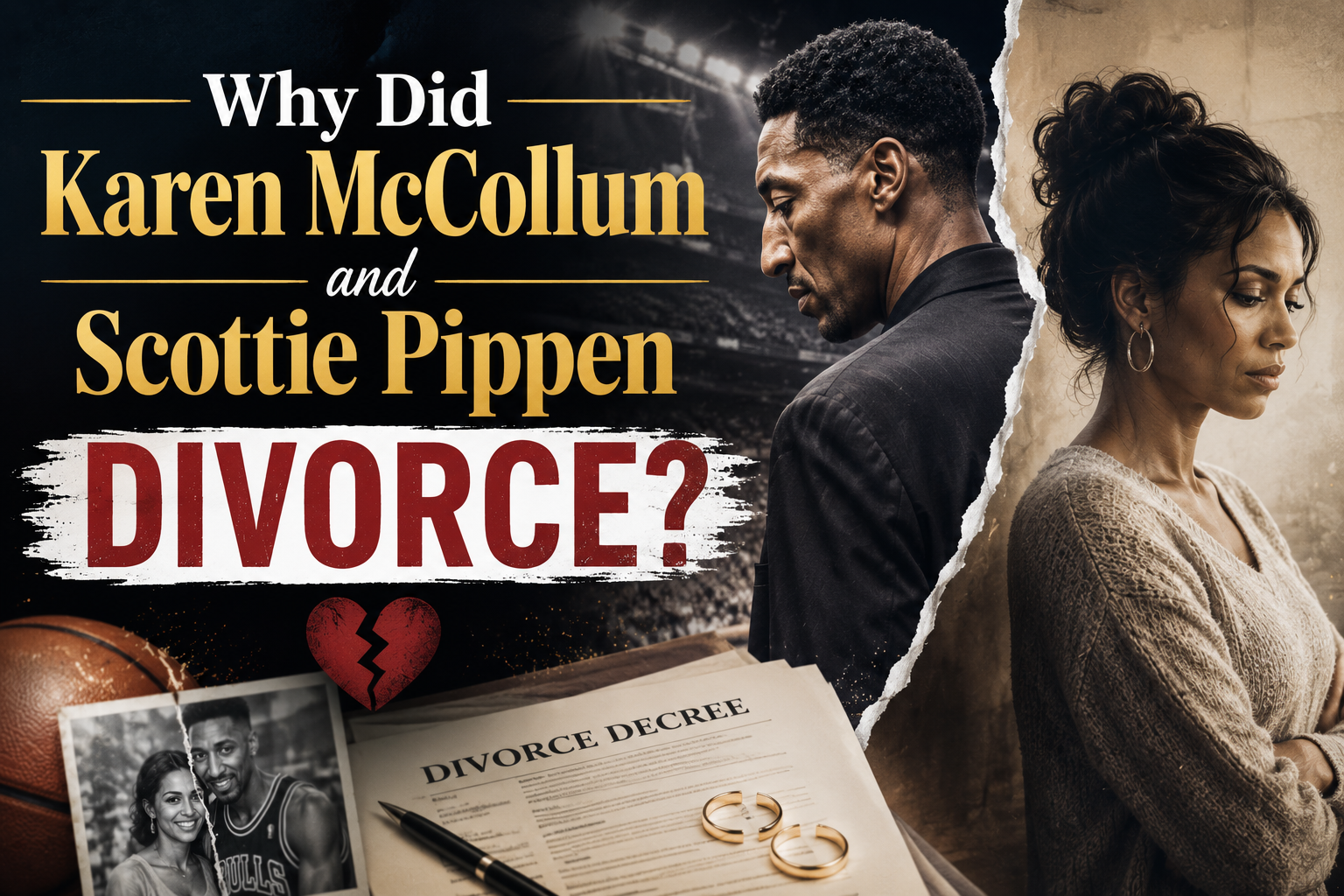 Illustration representing Karen McCollum and Scottie Pippen's divorce with symbolic separation, legal documents, and basketball-themed background.