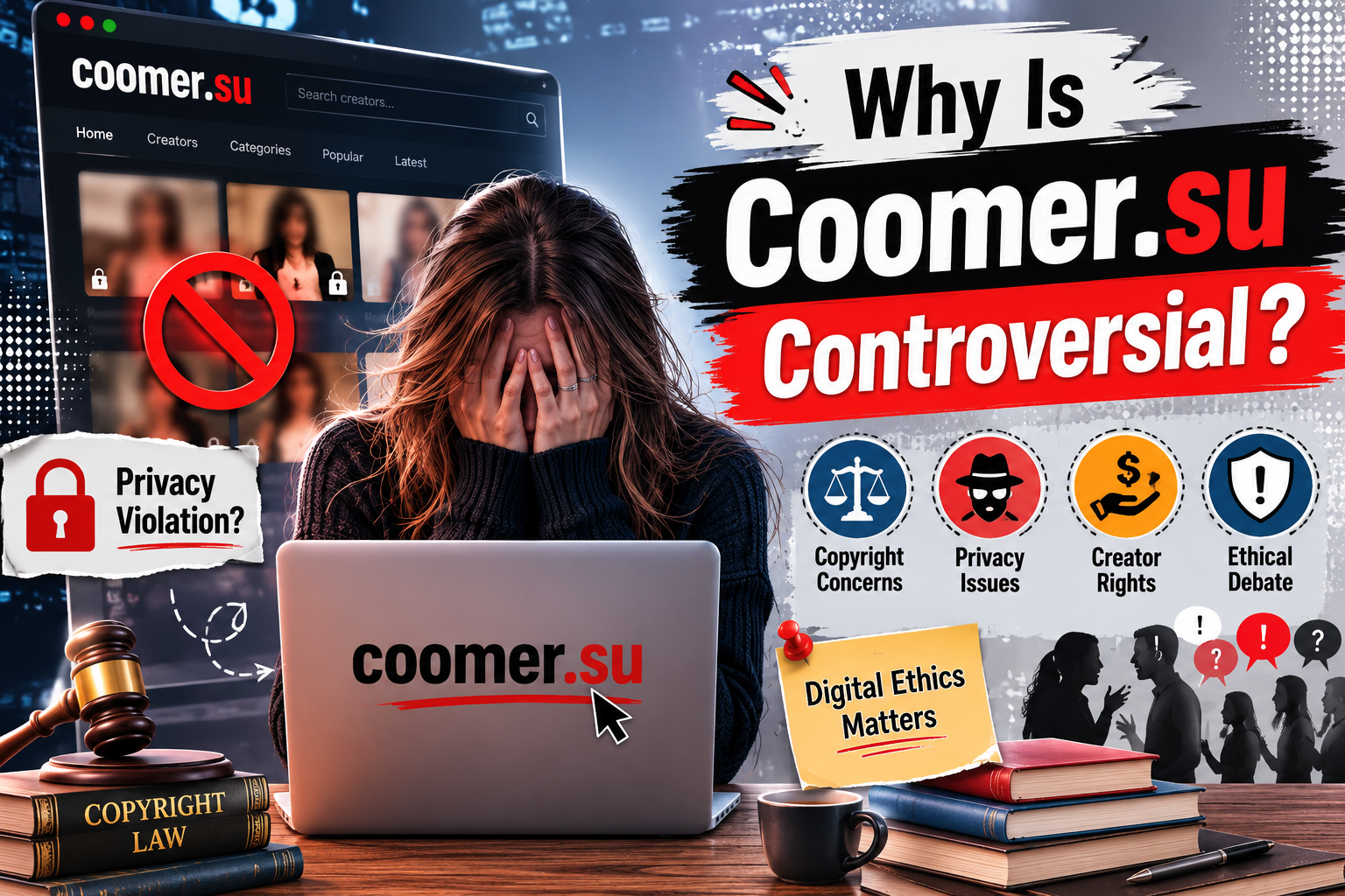 Illustration highlighting why Coomer.su is controversial, featuring privacy concerns, copyright issues, creator rights, and online ethical debates.