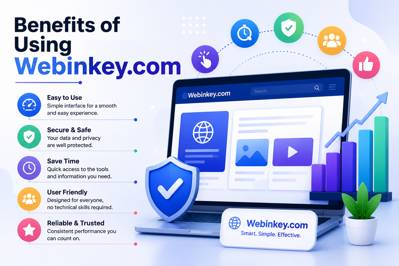 Illustration showing the benefits of using Webinkey.com with security, speed, user-friendly features, accessibility, and reliable online services.