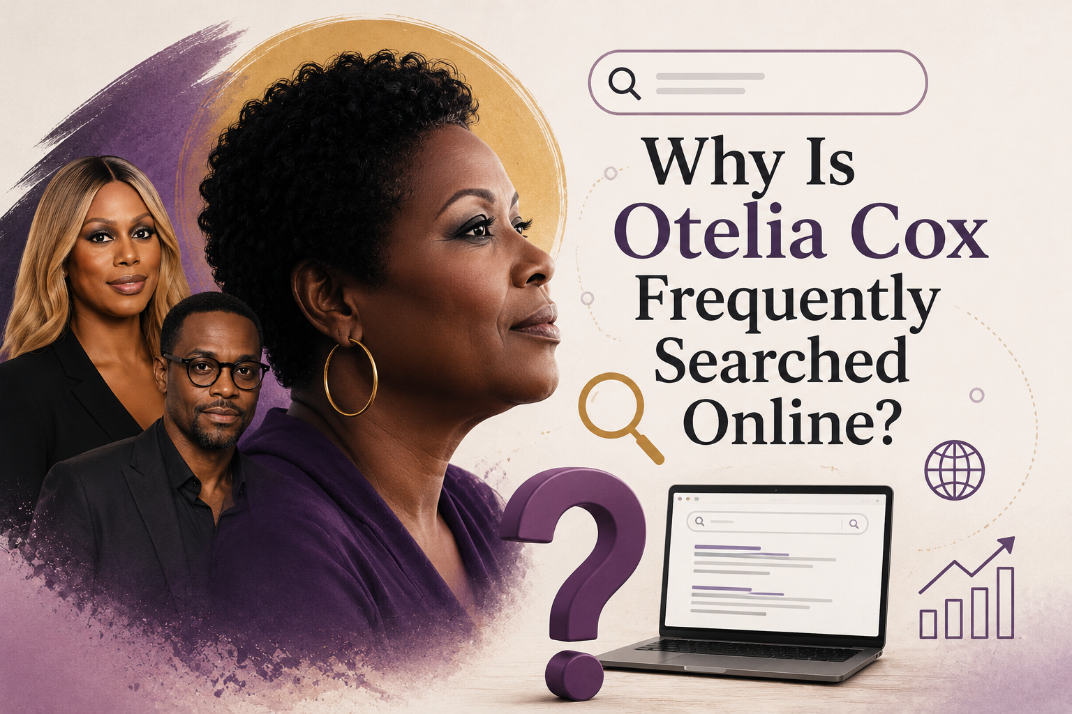 Why Is Otelia Cox Frequently Searched Online? Illustration featuring Otelia Cox with search icons, family imagery, and digital interest surrounding her legacy.