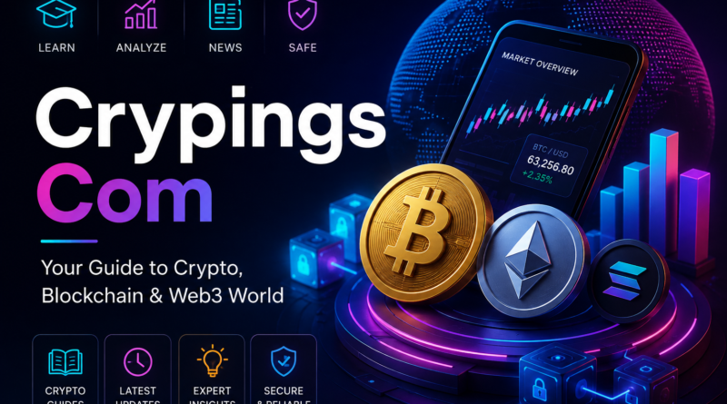 Crypings Com feature image with cryptocurrency coins, blockchain technology, crypto market charts, and Web3 security concept.