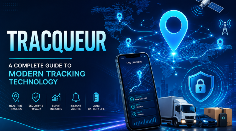 Modern Tracqueur tracking technology featuring GPS location pin, smartphone live tracking dashboard, world map, vehicle, package, and security shield.